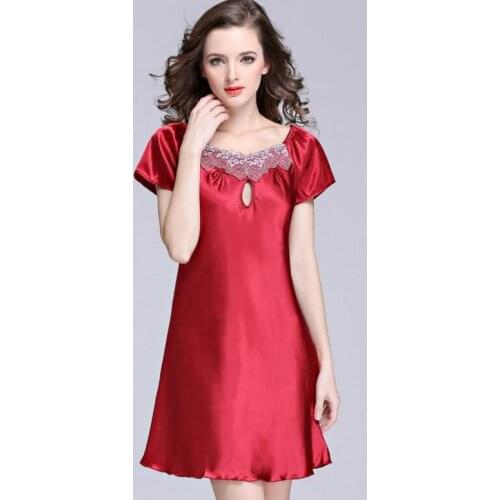 Lace Short Sleeve Night Dress Womens Imitation Silk Nightdress Lingerie Nightgowns