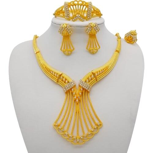 Fashion African Dubai Gold Jewelry Nigerian Crystal Necklace Unique Earrings Women Italian Bridal Jewellery Sets Wedding Accesso