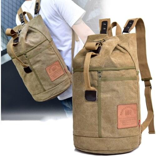 Male Tactical Bucket Canvas Backpack Letter Printing Large Capacity Military Army Bags Outdoor Travel Climbing Round Bag XA678WD
