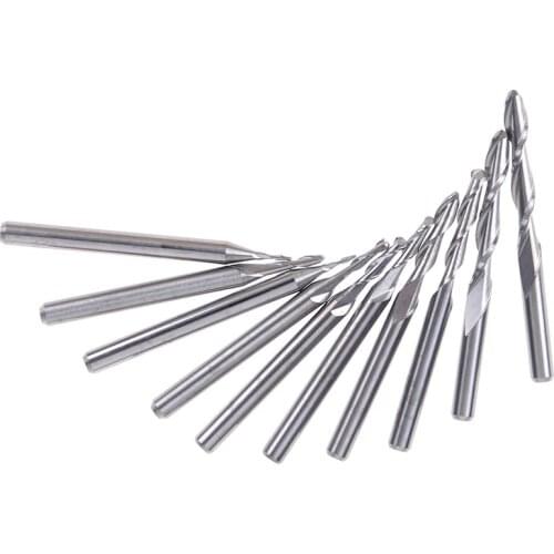 10pcs End Milling Cutter Set Shank Carbide Ball Nose 1mm-3.175mm 2 Flutes 1/8 Inch CNC Cutting Tool End Mills For Wood Working