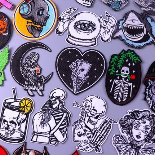 Skull Patches On Clothes Hippie Punk Patch Skeleton Embroidered Patch Iron On Patches For Clothing Stickers Playing Cards Badge