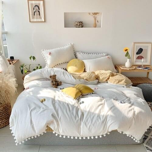 Nature Soft Washed Cotton Duvet Cover Bed Sheet Set Pillowshams 4Pcs Full/Queen Size with Zipper Pom Fringe Bow Comforter Cover