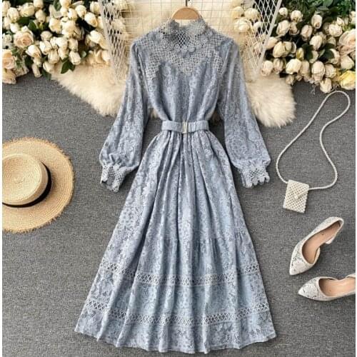 Gentle style dress female autumn and winter new design sense hollow lace small stand-up collar slim mid-length fairy skirt
