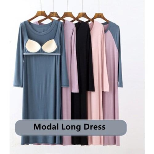 Modal Nightdress Women 3D Bra Long Sleeve Sexy Homewear Clothes Fashion Soft Sleepwear Solid Color Casual Simple Mom Pyjama