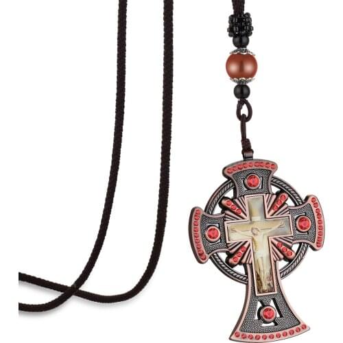 Religious Irish Christian Catholic Celtic Cross Large Pendant Red Rhinestone Necklace Mens Rope Chain Church Nun Prayer Jewelry