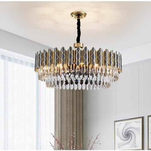 Hotel Porject Luxury Style Circular Balck Titanium Golden Ring K9 Tube Rod Round Chandelier Lighting