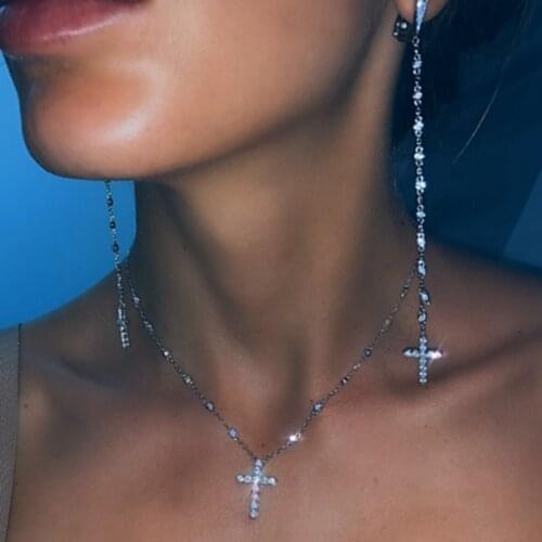 Solid 925 Sterling Silver Cross Long Dangle Earring With 3A Cubic Zirconia for Women Party Wedding Jewelry