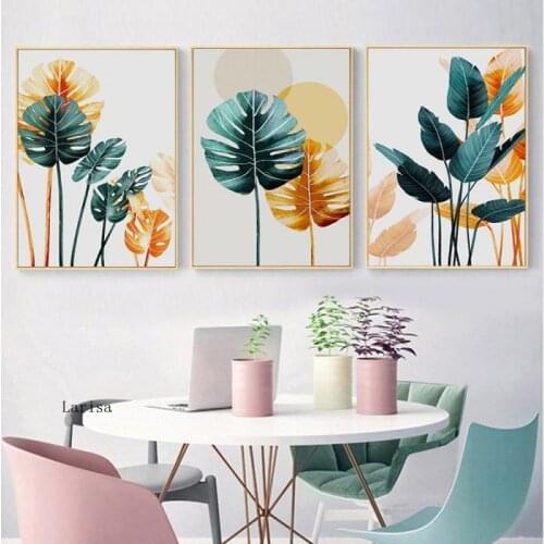 Scandinavian Colorful Plant Poster and Prints Gold Green Leaves Wall Art Canvas Painting Picture for Living Room Home Decor