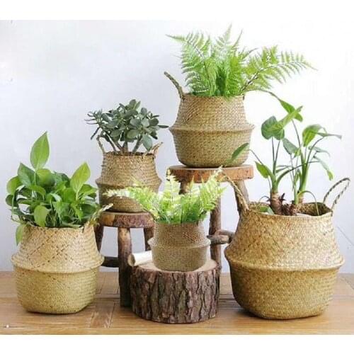 Woven Storage Baskets Handmade Foldable Laundry Straw Wicker Baskets Natural Rattan Seagrass Garden Flower Pot Planter Basket