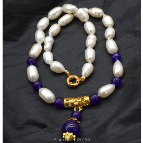 Wow! freshwater pearl white rice 12-14mm and purple jade pendant necklace 18" FPPJ wholesale for woman gift