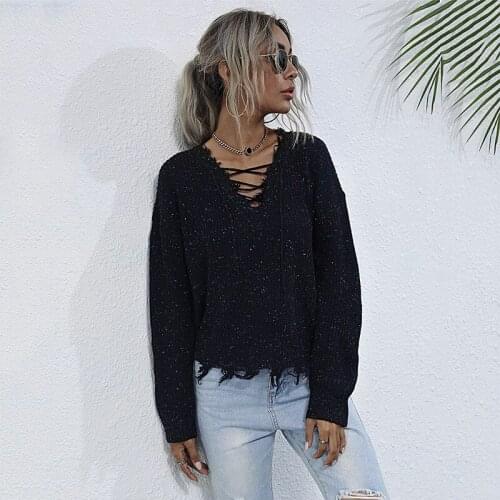 Spring Autumn Knitted Outerwear V-neck Loose Tassel Casual Pullover Women Tops Long Sleeve Woman Sweaters TA6563