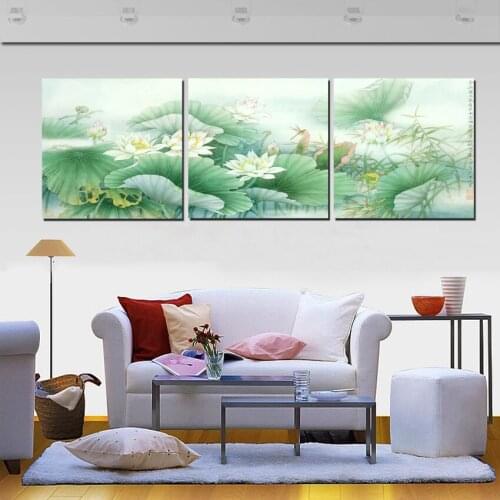 Vintage Home Decor Canvas Painting Print Lotus Flower Paintings Set 3 Panel Crafts Art Pictures For Drawing Room Wall Decoration
