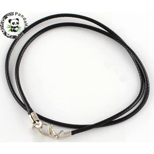 Waxed cotton cord necklace makings, with alloy lobster claw clasps and iron end chains, Metal, black, 18.7"