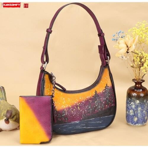 Women Underarm bag First layer cowhide retro fashion handmade leather female leather handbag small shoulder bag 2021 new trend