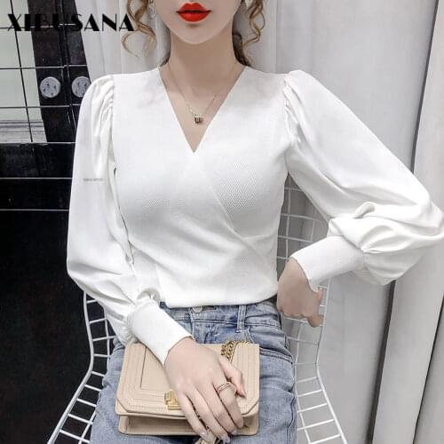 V-neck Women Sweaters Pullover 2021 Spring Autumn Chiffon Puff Sleeve Patchwork Knitted Tops Female Solid Bottoming T-Shirts