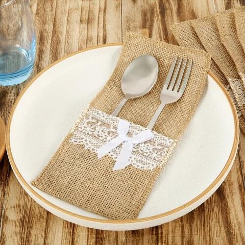 20Pcs Linen Lace Bowknot Home Knife Spoon Holder Pouch Bag Kitchen Party Decor