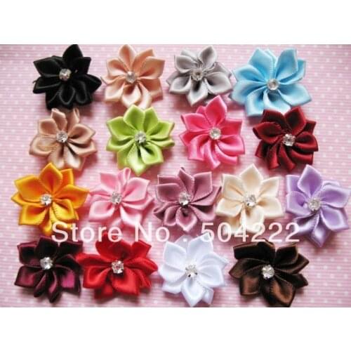 200pcs satin ribbon flowers with Rhinestones-Mix colors 25-30mm wholesale free shipping