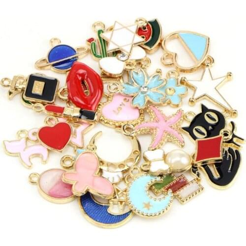 30Pcs Mixed Enamel Charms Collection Swan Moon Star Cat Pendant Jewelry Making