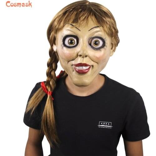 Cosmask Halloween Annabelle Cosplay Mask Latex Cosplay Annabel Doll Scary Movie Adult Full Head Latex Wigs Ponytails Party Mask