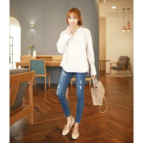 Comfortable autumn new maternity dress nine points hole pregnant women jeans slim feet pants trend stomach lift pants