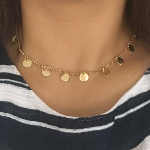 CUTE GOLD COLOR ROUND DISC CHOKER NECKLACE FOR WOMAN GIRL