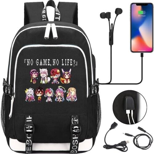 Anime No Game No Life Schoolbag USB Mens And Womens Leisure Backpack Cospaly Boys Girls Black Bookbag Laptop Bags