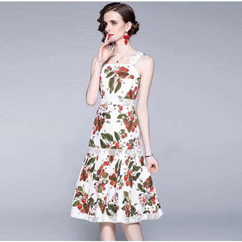 Runway Summer Cotton Holiday Dress Women Spaghetti Strap Floral Print Lace Splice Elegant Party Midi Dress k8288