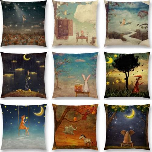 Mysterious Imagine Animals Forest Children Fantastic Clouds Sky Moon Stars Dream Fairy Tale Cushion Cover Sofa Throw Pillow Case