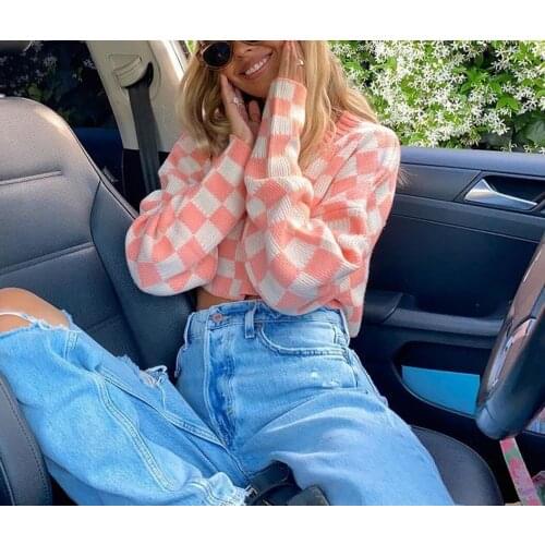 Womens Casual Long Sleeve Sweater,2021 Autumn Fashion Y2k Contrast Color Plaid Exposed Navel Knitted Tops Loose Women Coat