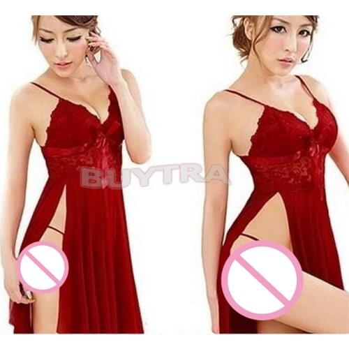 1pc women Red sexy long dressing night gown transparent dress Hot evening nightgown nightie sleepwear lingerie