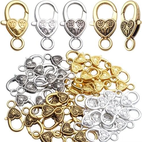40pcs Antique Alloy Lobster Claw Clasps Hooks Heart Keychain Claw Clasp Chain Accessory for Jewelry Craft DIY, 4 Colors, 26x14mm