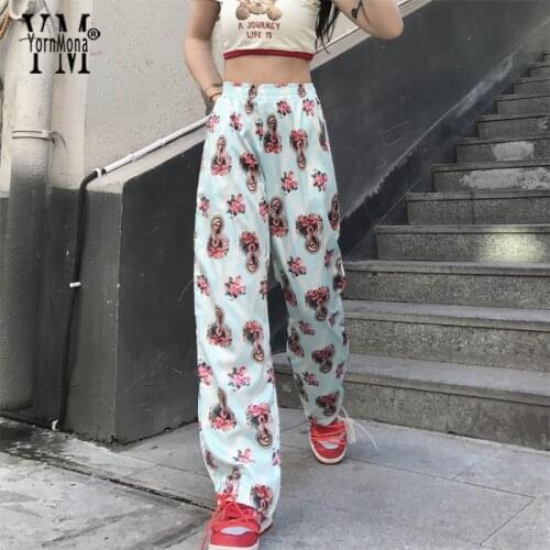 YornMona Ins Fashion Flower Print Straight Pants Capris Women Harajuku High Waist Vintage Streetwear S/XL Loose Female Trousers