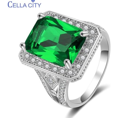 Cellacity Luxury Design Geometry Silver 925 Jewelry Rectangle Gemstones Ring for Women Men Emerald Zircon Green Epicene Style