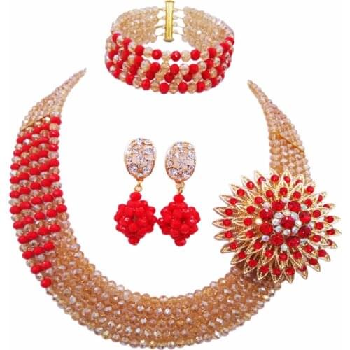 Champagne Gold AB Opaque Red Nigerian Wedding African Beads Jewelry Set Crystal Beaded Necklace Sets Bridal Jewelry Sets 5RJZ03