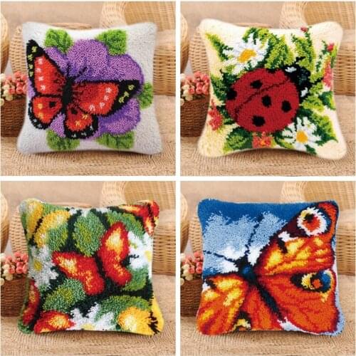Flower Butterfly Latch Hook Rug Kit Pillow Goblen Kitleri Cushion Canvas Cushion Button Pack Rug Embroidery Crocheting Latch DIY