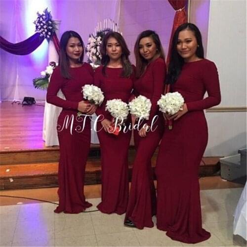 Elegant Long Sleeve Burgundy Mermaid Bridesmaid Dresses Floor Length Elastic Satin Cheap Wedding Party Gowns 2019 New Arrival