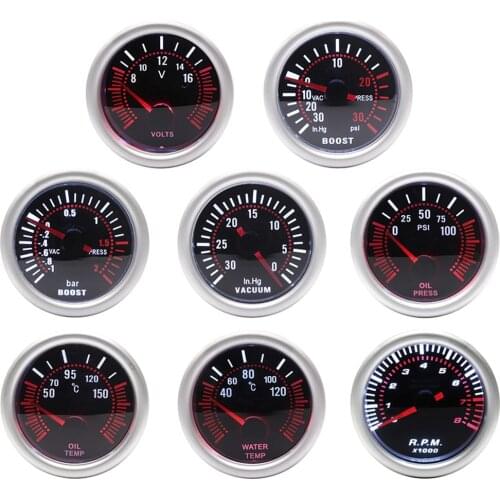 2" 52mm Smoke Lens Boost Gauge BAR PSI Water Temp Oil Temp Oil Press Meter with Sensor 1/8NPT Voltmeter Tachometer RPM Gauge