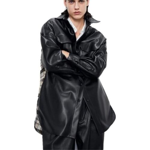 Double pockets Pu leather jackets Women Military wind Turn-down collar Punk Rock Cropped Jackets pu leather coat F1093