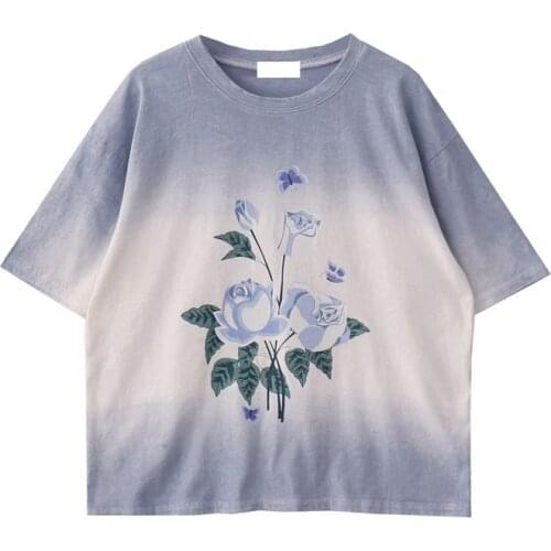 Summer new style retro blue rose print tie-dye cotton loose T-shirt
