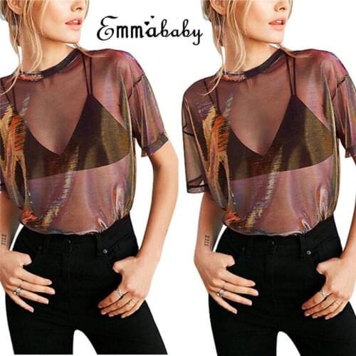 Fashion Women Ladies Solid See-Through Vintage Shiny Tops Short Sleeve Summer T-Shirt Casual Tops