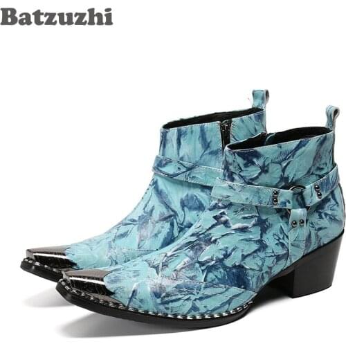Batzuzhi Botas Hombre Italy Type Handmade Mens Boots Pointed Iron Toe Leather Ankle Boots Punk Ankle Boots Men Party 6.5cm Heel