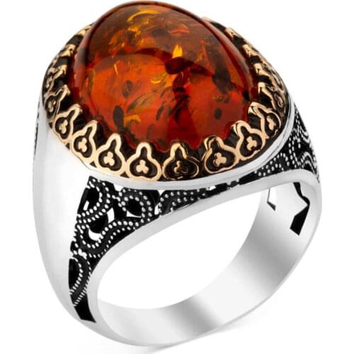 925 Sterling Silver Orange Synthetic Stone Mens Ring Exclusive Ring for Men Silver Male Ring