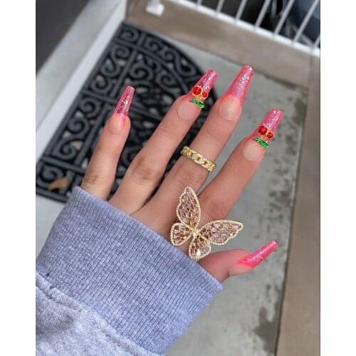 New Personality Simple Fashion Pink Cute Butterfly Full Diamond Ring Party Nightclub Luxury Jewelry