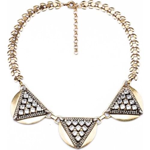 Bulk Price Crystal Triangle Gold Alloy Semicircle Pendants Necklace Female Antique Gold Color Statement Necklace Indian Jewelry