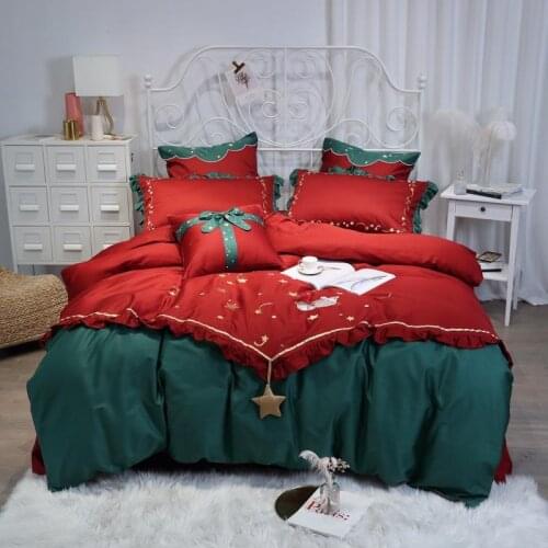 Luxury Egypt Cotton Christmas Stars Bedding Set Embroidery Ruffles Duvet Cover Flat Sheet Pillowcases 4/6/7Pcs