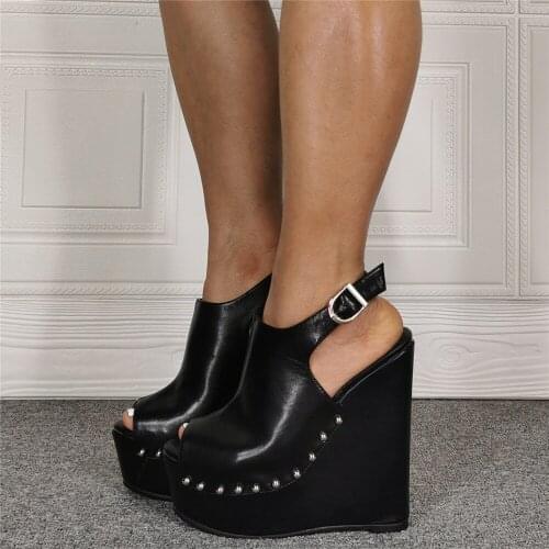 MKKHOU Fashion Sandals Women New Sexy Black Fish Mouth Shoes Back Space Rivet Wedges Ladies Super High Heels Large Size 36-52