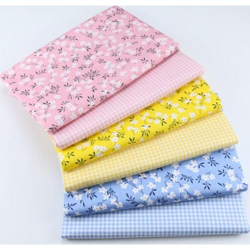 100% Pure Cotton Twill Fabric Pink,blue,yellow Flower/Plaid Printed Cotton Material for DIY Sewing Dress Baby Cloth Handicrafts