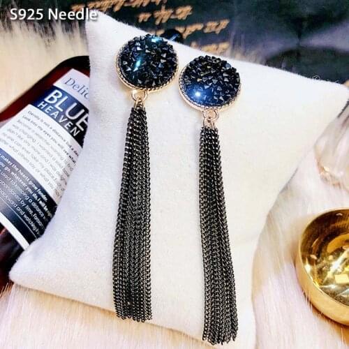 Real 925 Sterling Silver Needle Long Dangle Earrings for Women Jewelry Black White Crystal Punk Rock Drop Tassel Earrings