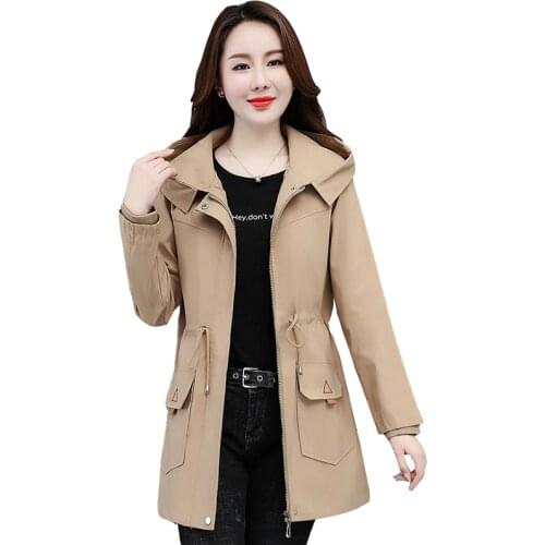 Spring Autumn Windbreaker Women Outerwear Fashion Mid-Length Plus Size Jacket Female 2021 New Loose Hooded Casual Overcoat Lady