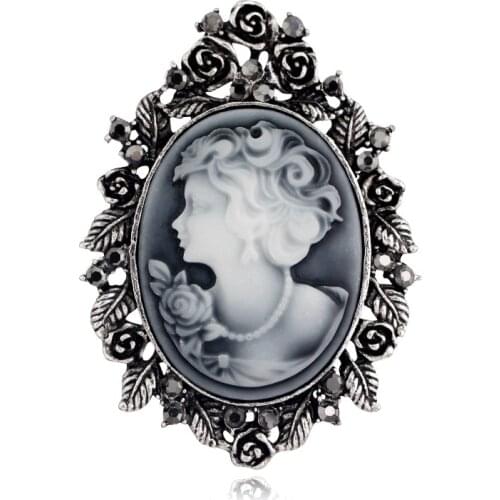 Vintage retro Head Statue cameo brooch pins encrusted with crystal for women antique gold or silver color plated Brooches AF052